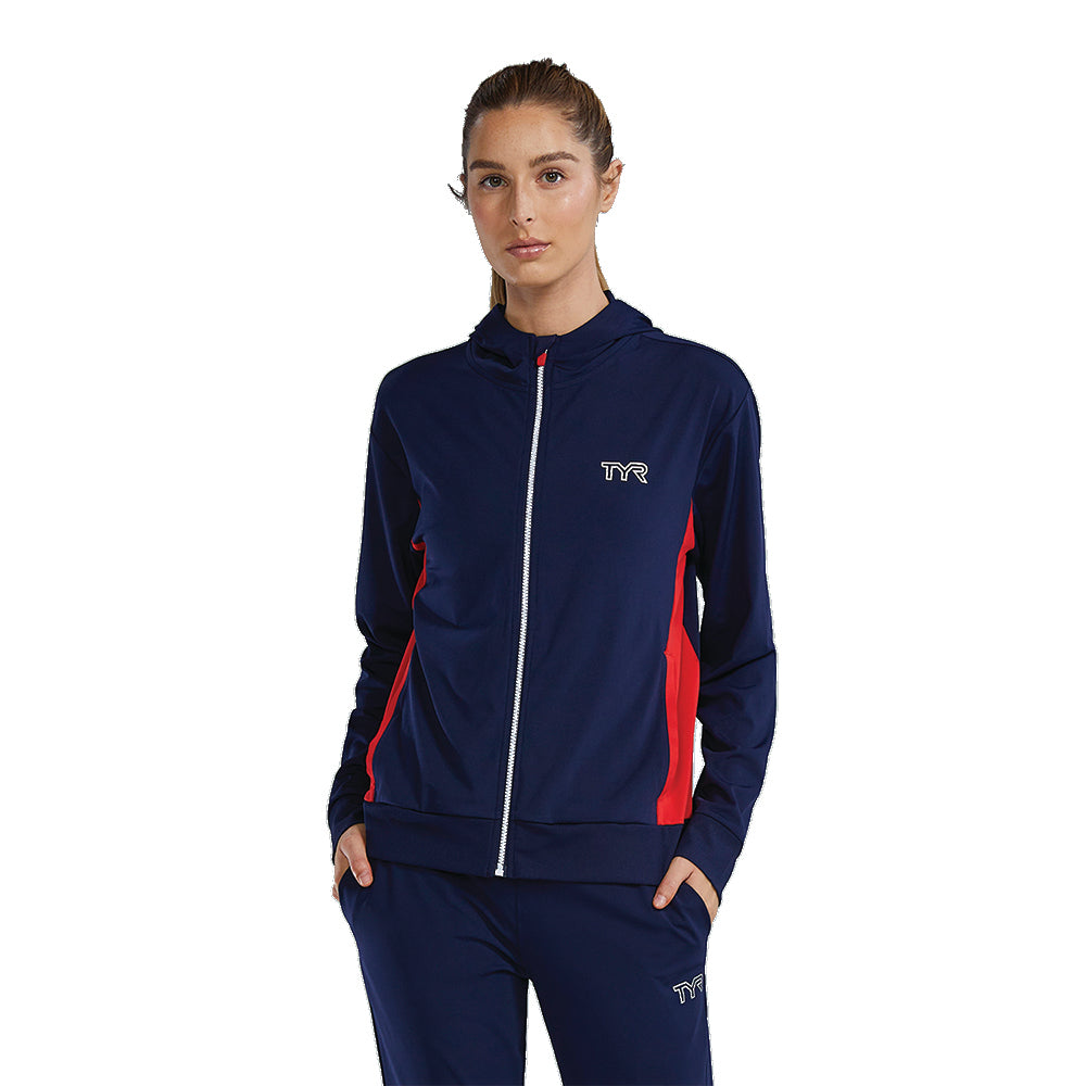 TYR Women's Full Zip Team Warm Up Jacket red white blue front